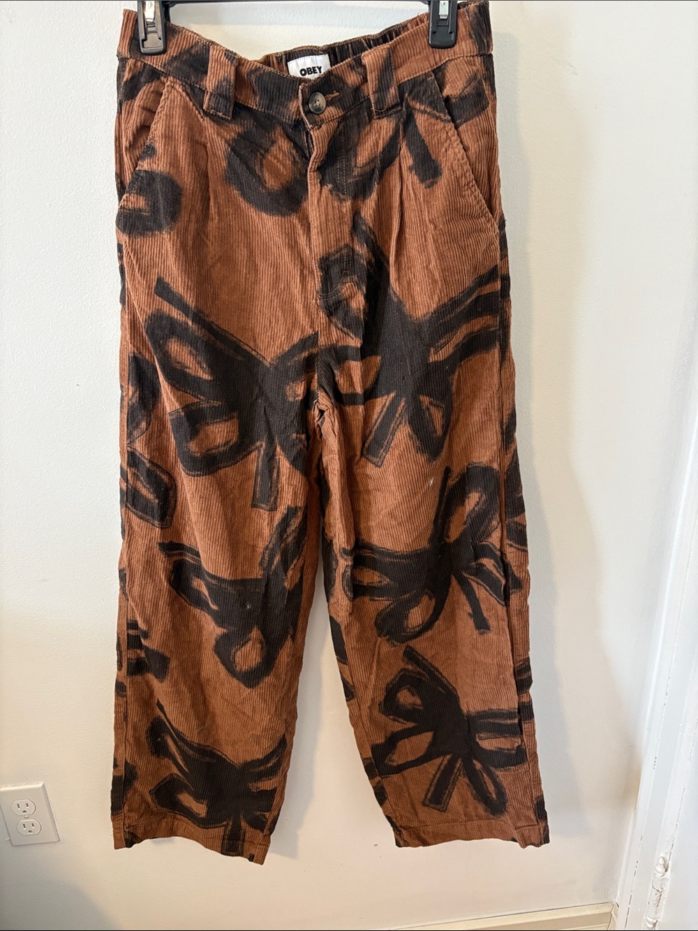 Obey Brown Corduroy Straight Leg Pants with Black Graphic Print